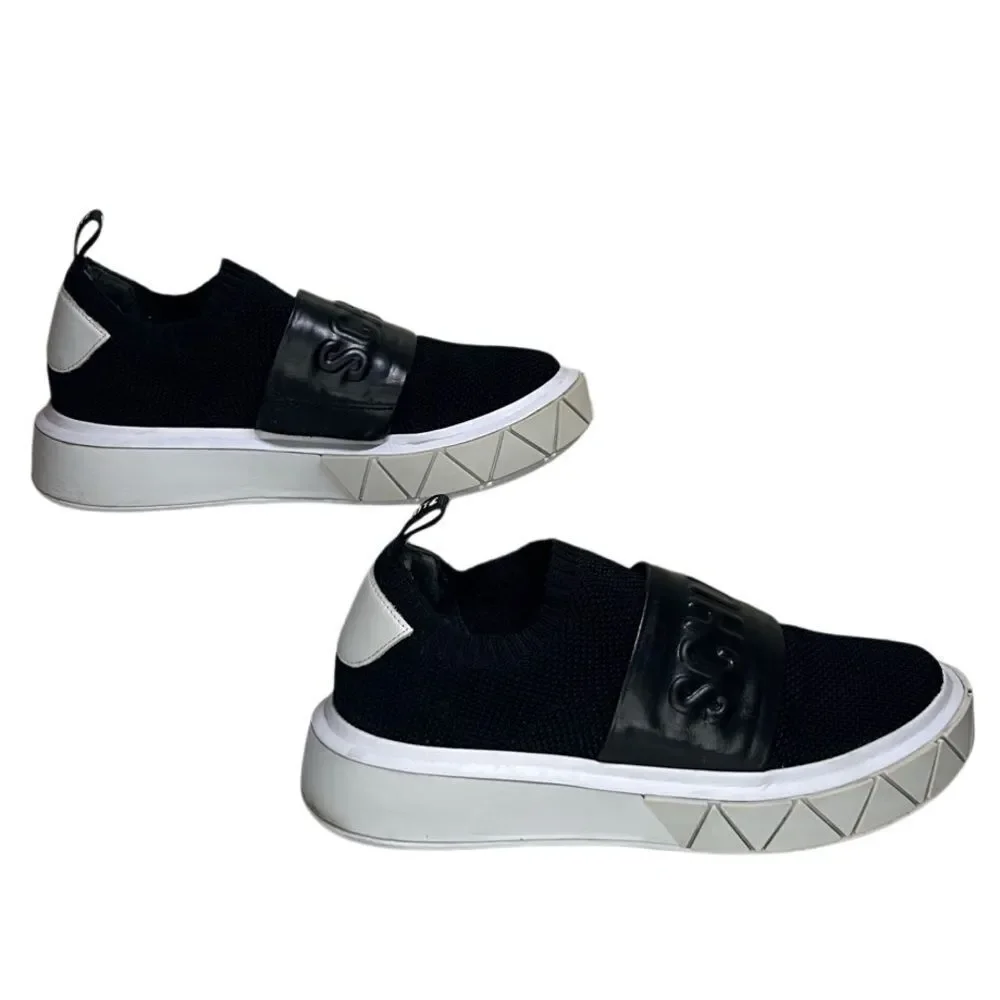 Schutz - Tennis Platform Shoes w/ Logo Strap, Knit, Slip On - Size 7.5, Black - Picture 4 of 16